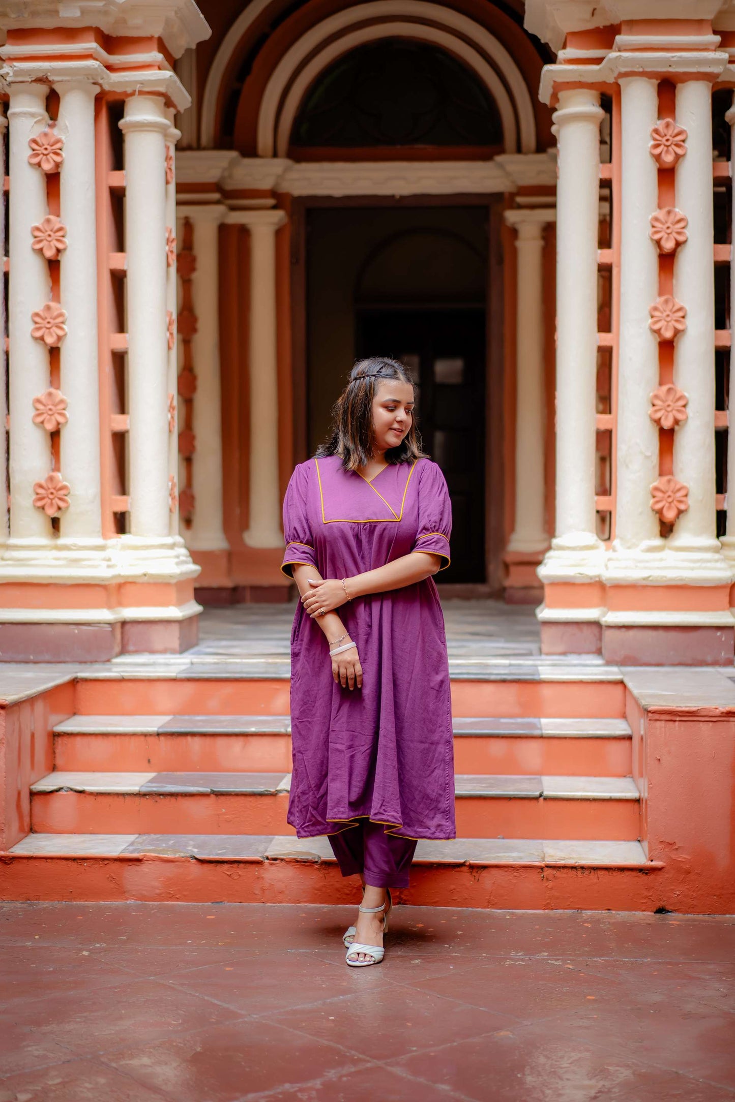 Damini Co-ord Set (Pure Khadi Traditional Kurta Bottom Co-ord set Purple and Golden Yellow)