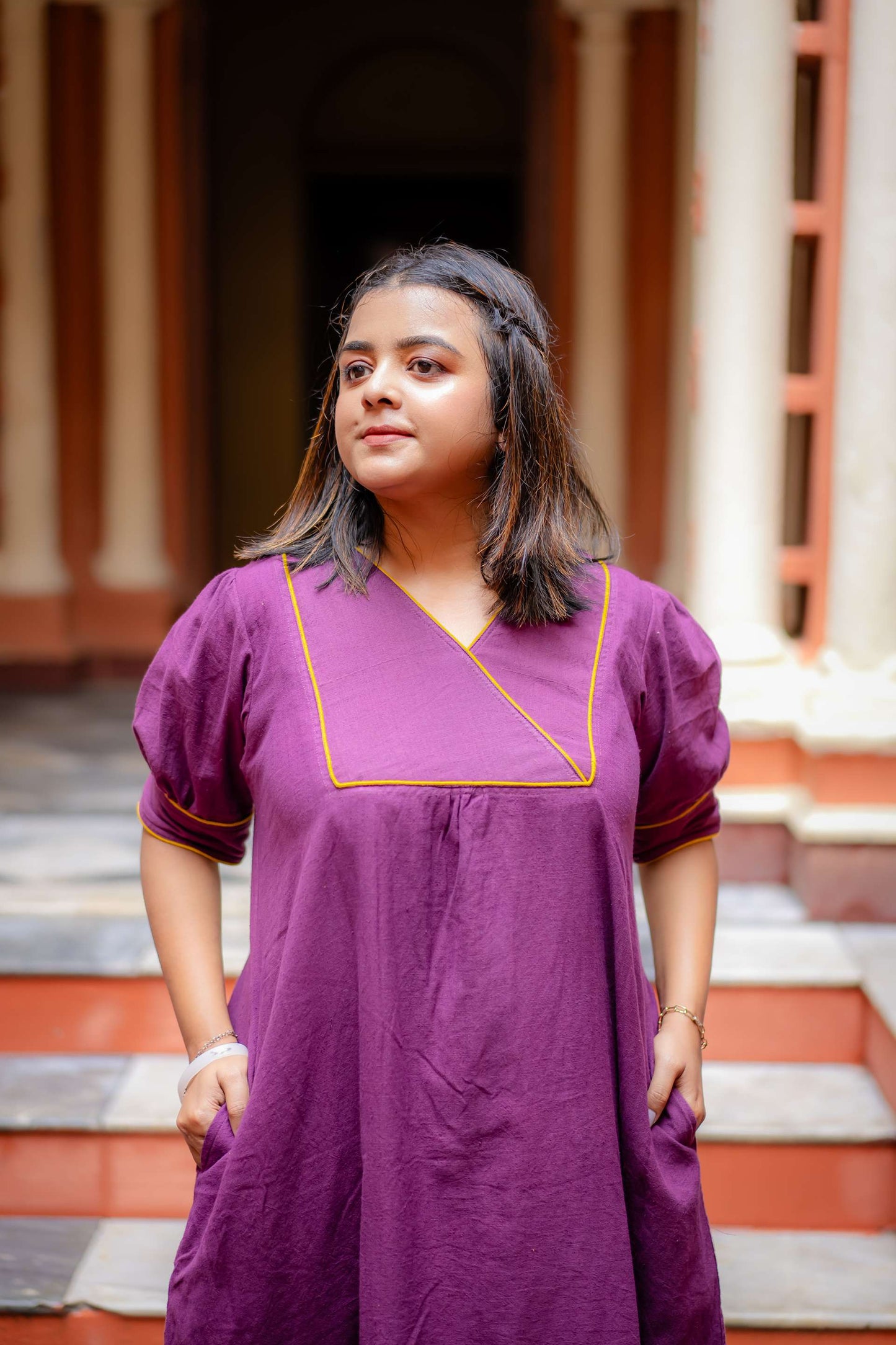 Damini Co-ord Set (Pure Khadi Traditional Kurta Bottom Co-ord set Purple and Golden Yellow)