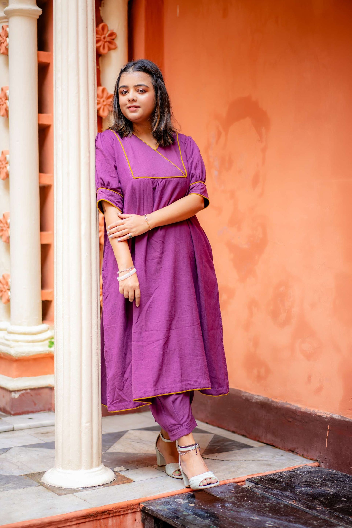 Damini Co-ord Set (Pure Khadi Traditional Kurta Bottom Co-ord set Purple and Golden Yellow)