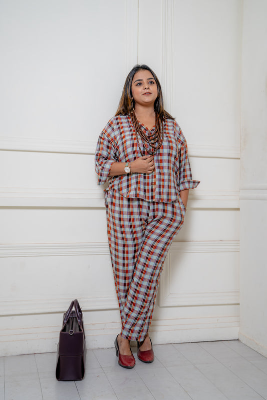 Pure Khadi Checks Co-ord set ( Ice Grey, Brown)