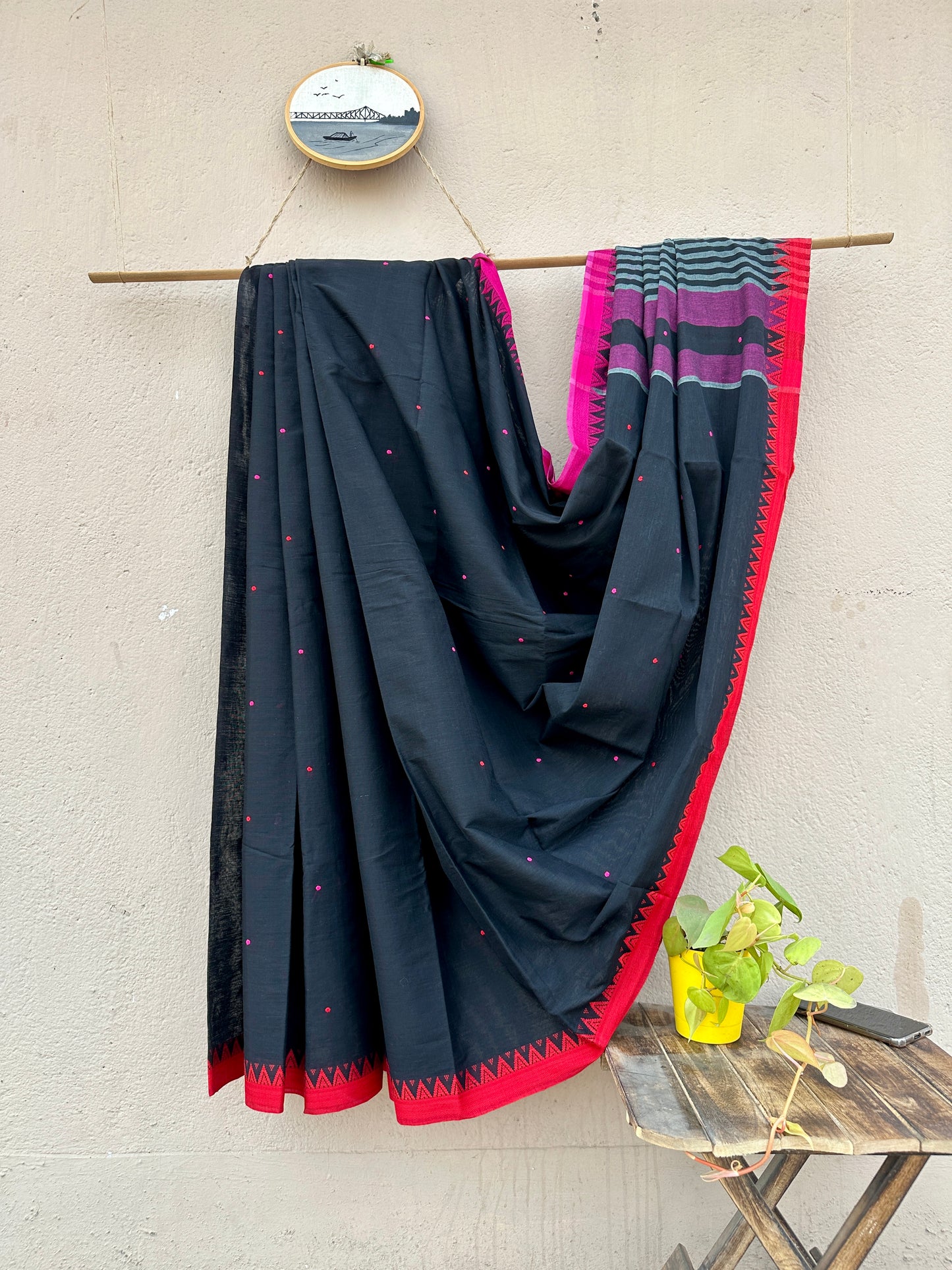 Handwoven Pure Cotton Dual Border Saree with Buta ( Black)