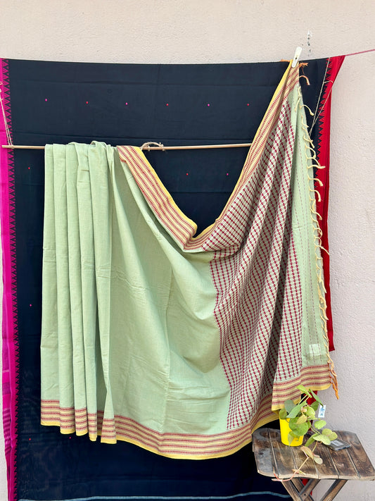 Handwoven Pure Cotton Begampuri Saree with Intricate Extra Weft Border and Pallu ( Mint Green)