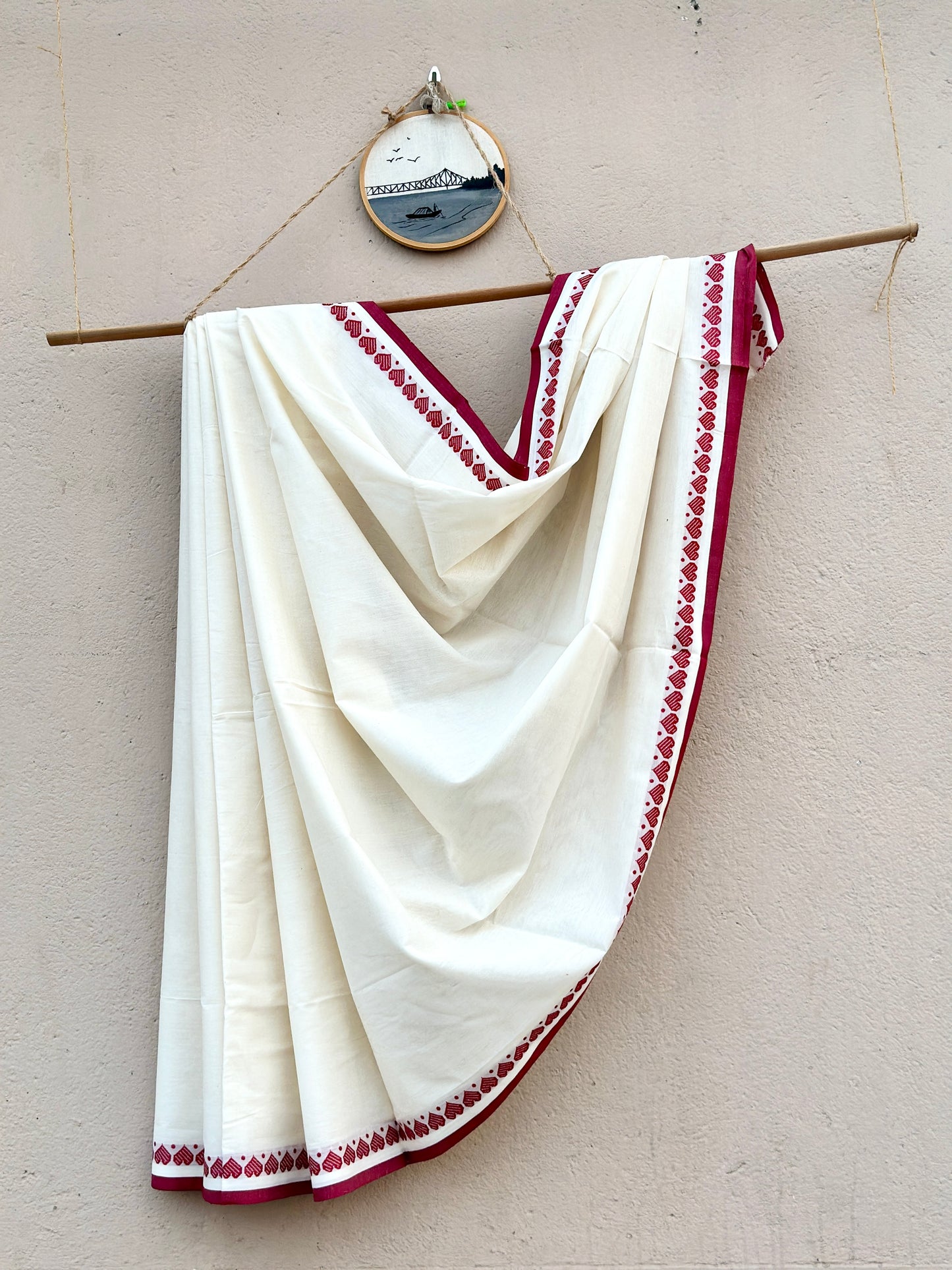 Handwoven Pure Bengal Cotton Saree ( Maroon Border White Saree)