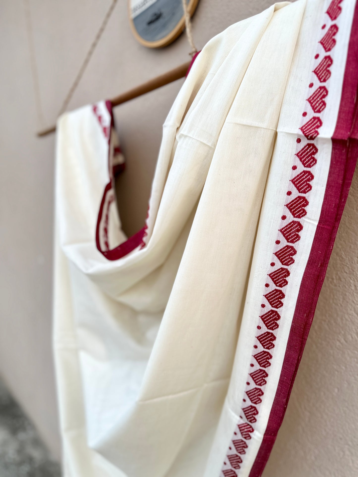 Handwoven Pure Bengal Cotton Saree ( Maroon Border White Saree)