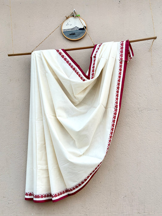 Handwoven Pure Bengal Cotton Saree ( Maroon Border White Saree)