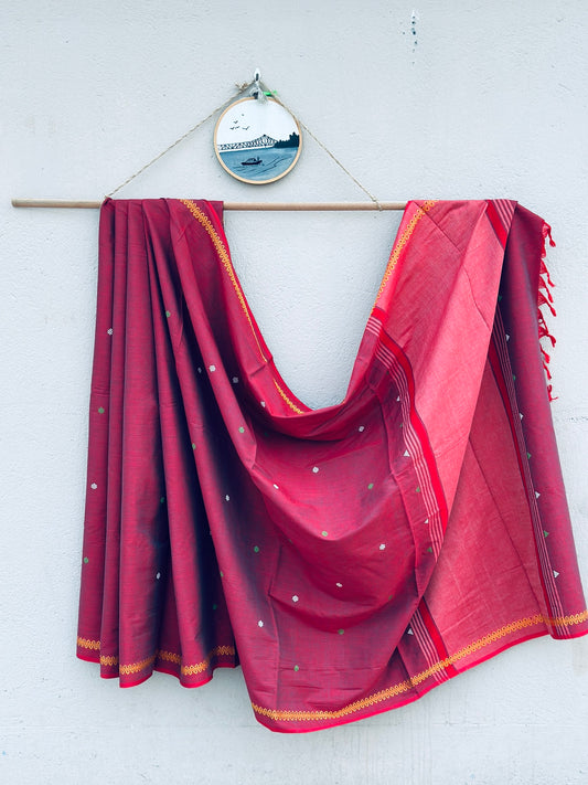 Handwoven Pure Bengal Cotton Saree ( Maroon and Blue Dual Tone)