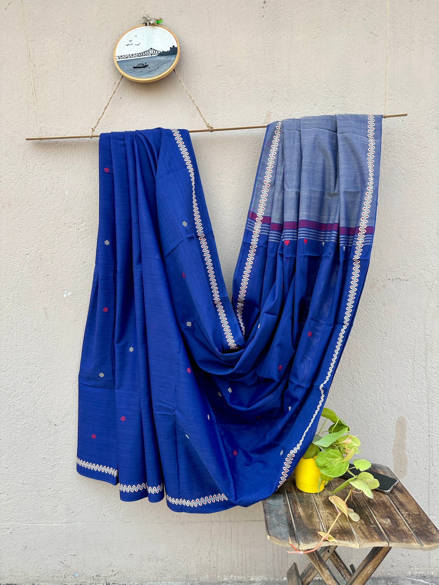 Handwoven Pure Cotton Saree with Thin Naxa Border ( Navy Blue)