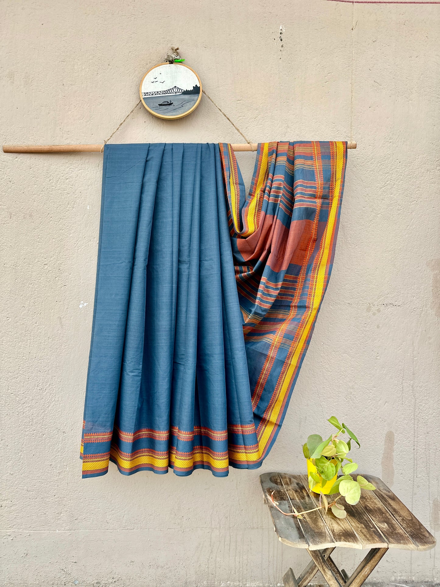 Handwoven Cotton Begampuri Saree (Steel Grey with Yellow and Orange Extra Weft Border)