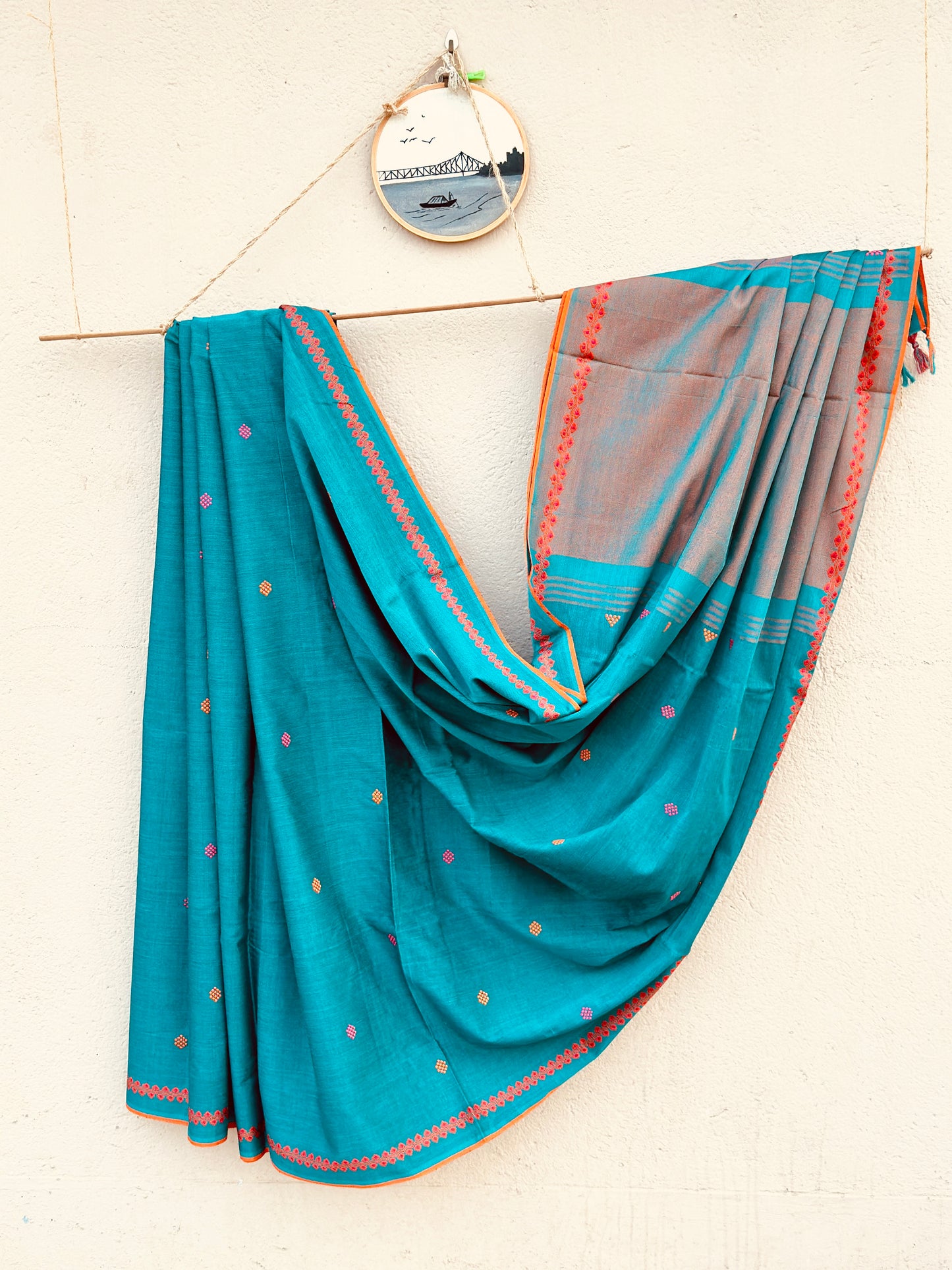 Handwoven Pure Bengal Cotton Saree ( Turquoise )