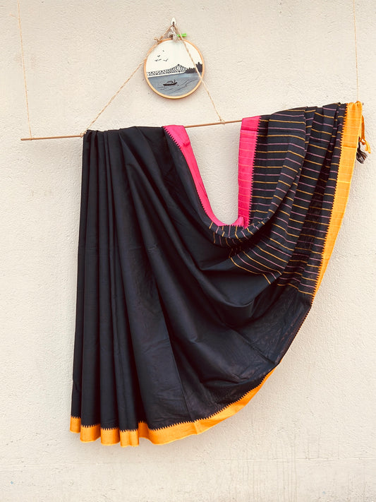 Handwoven Pure Bengal Cotton Saree (Ganga Jamuna Border , Black Body)