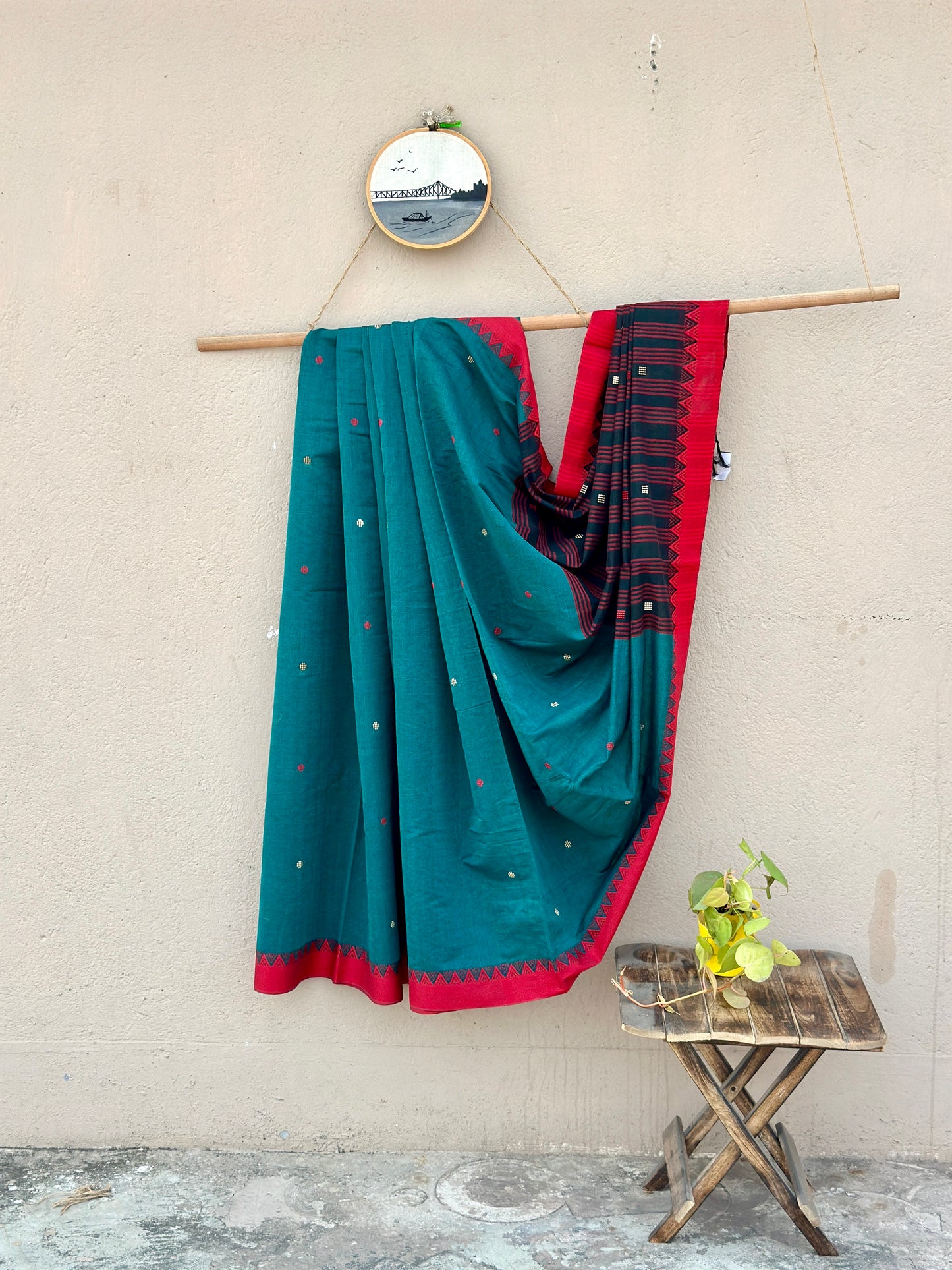 Handwoven Cotton Begampuri Saree small butas ( Teal Green Red Border, Small Butas)