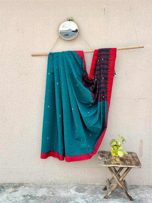 Handwoven Cotton Begampuri Saree small butas ( Teal Green Red Border, Small Butas)