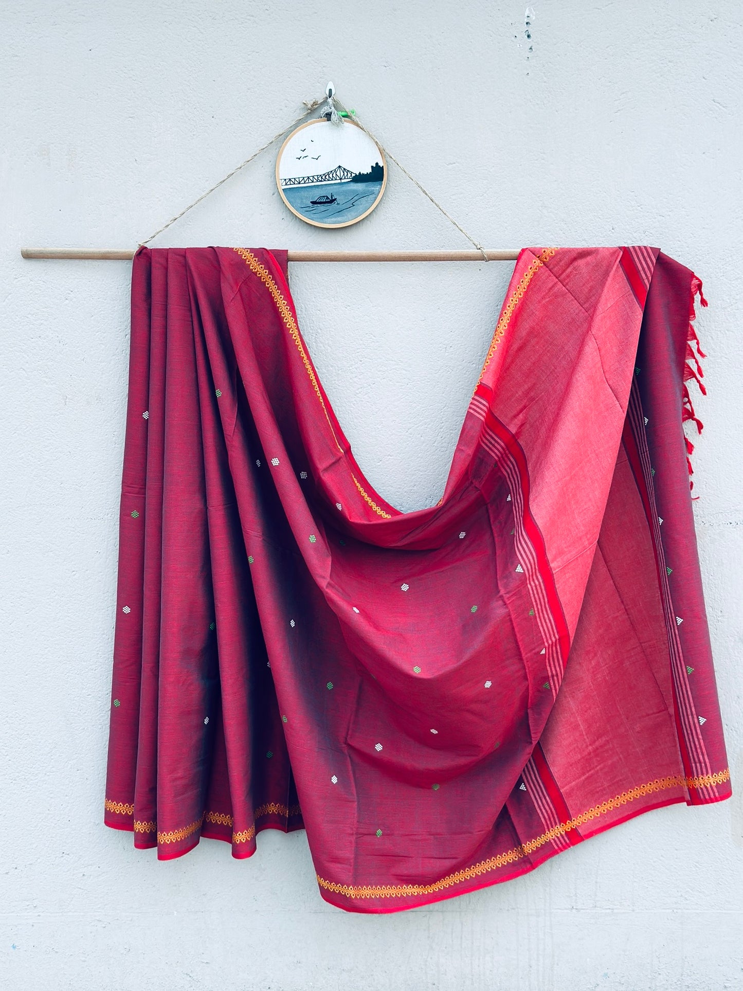 Handwoven Pure Bengal Cotton Saree ( Maroon and Blue Dual Tone)