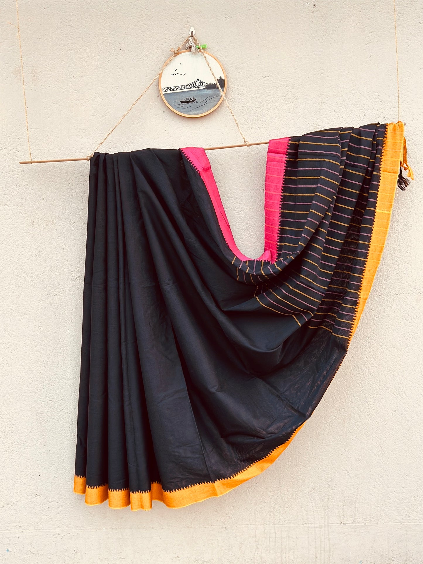 Handwoven Pure Bengal Cotton Saree (Ganga Jamuna Border , Black Body)