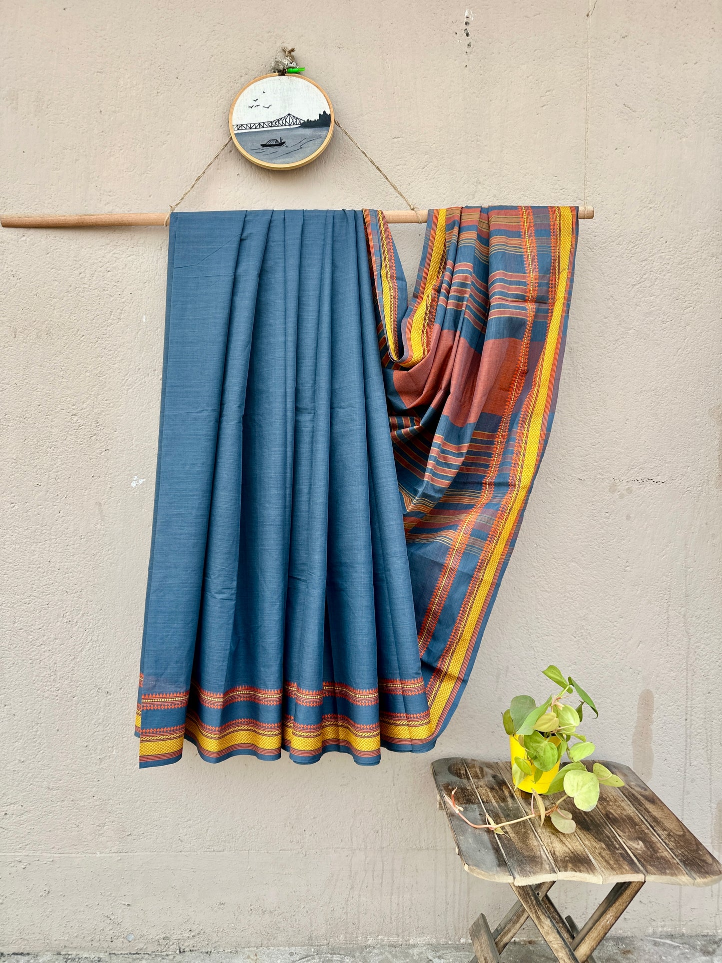 Handwoven Cotton Begampuri Saree (Steel Grey with Yellow and Orange Extra Weft Border)