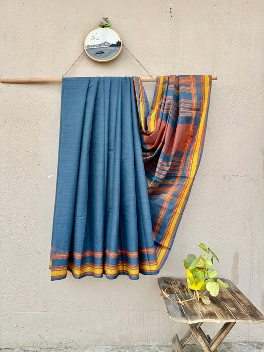 Handwoven Cotton Begampuri Saree (Steel Grey with Yellow and Orange Extra Weft Border)