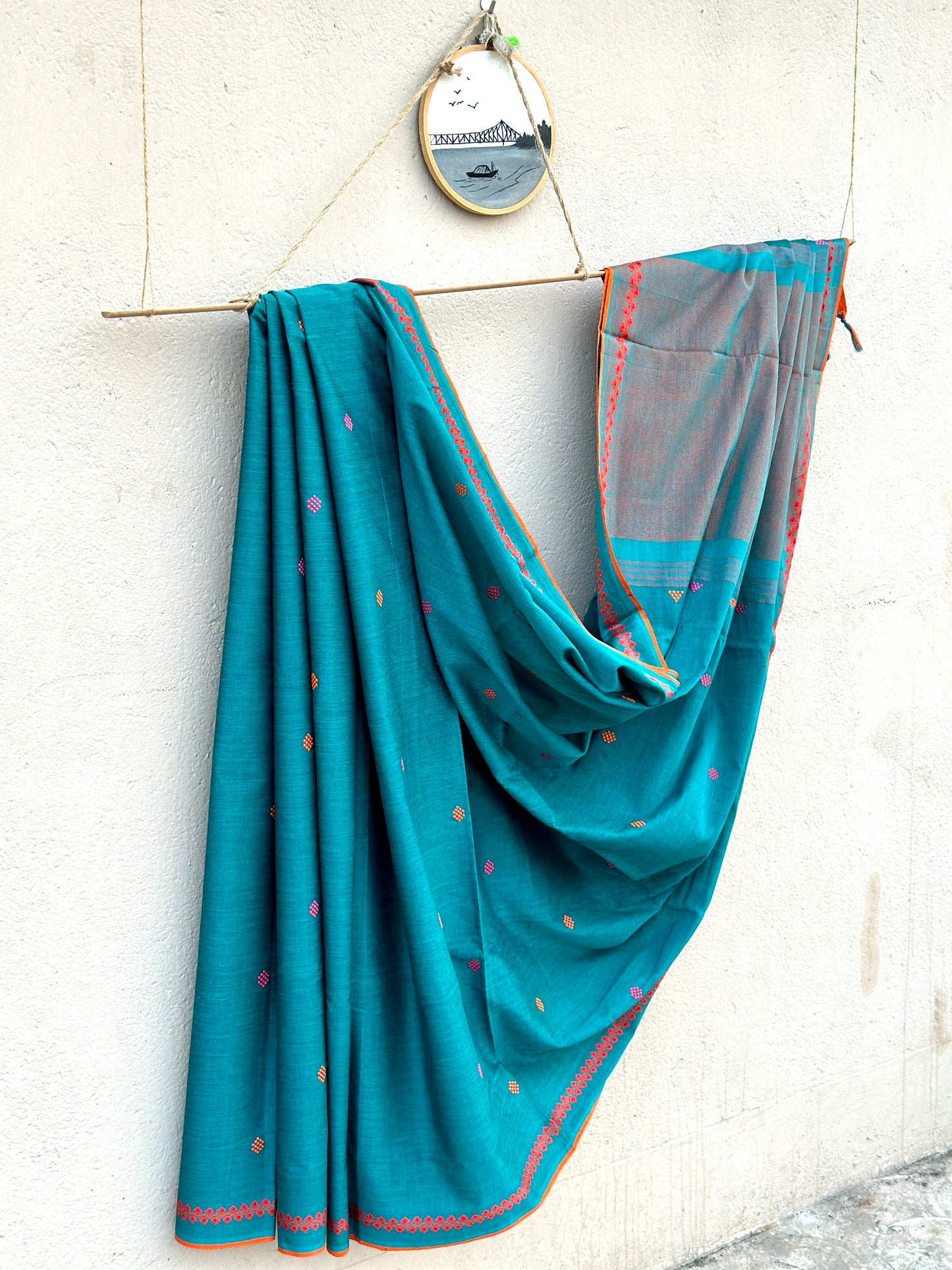 Handwoven Pure Bengal Cotton Saree ( Turquoise )