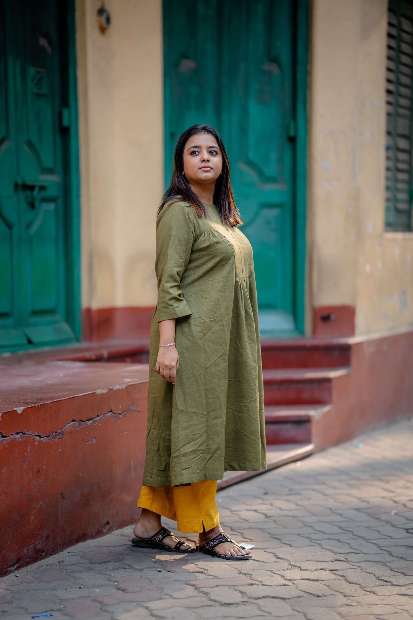 Handwoven Pure Khadi Gathered Moss Green Kurta ( Only Kurta)