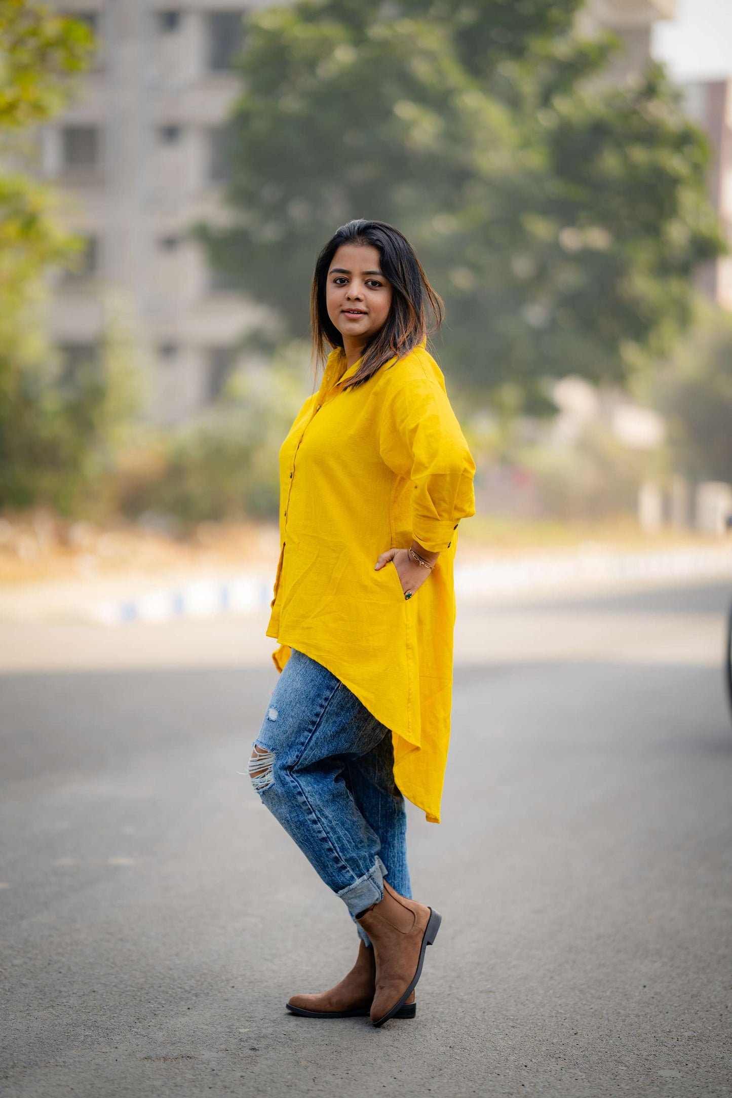 Golden Yellow High Low Khadi Shirt