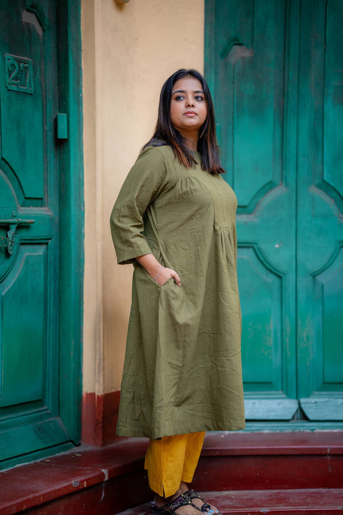 Handwoven Pure Khadi Gathered Moss Green Kurta ( Only Kurta)