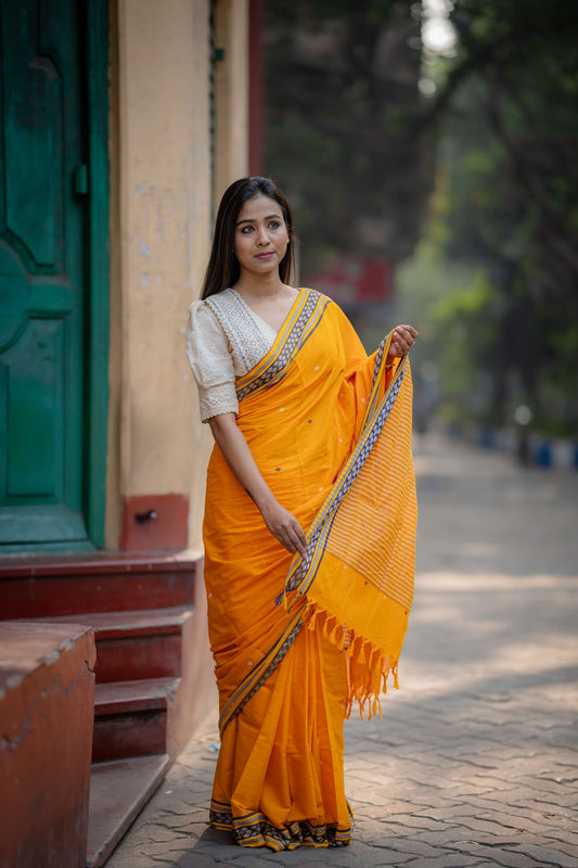 Handwoven Pure Cotton Turmeric Yellow Saree with Blue Border and Buta