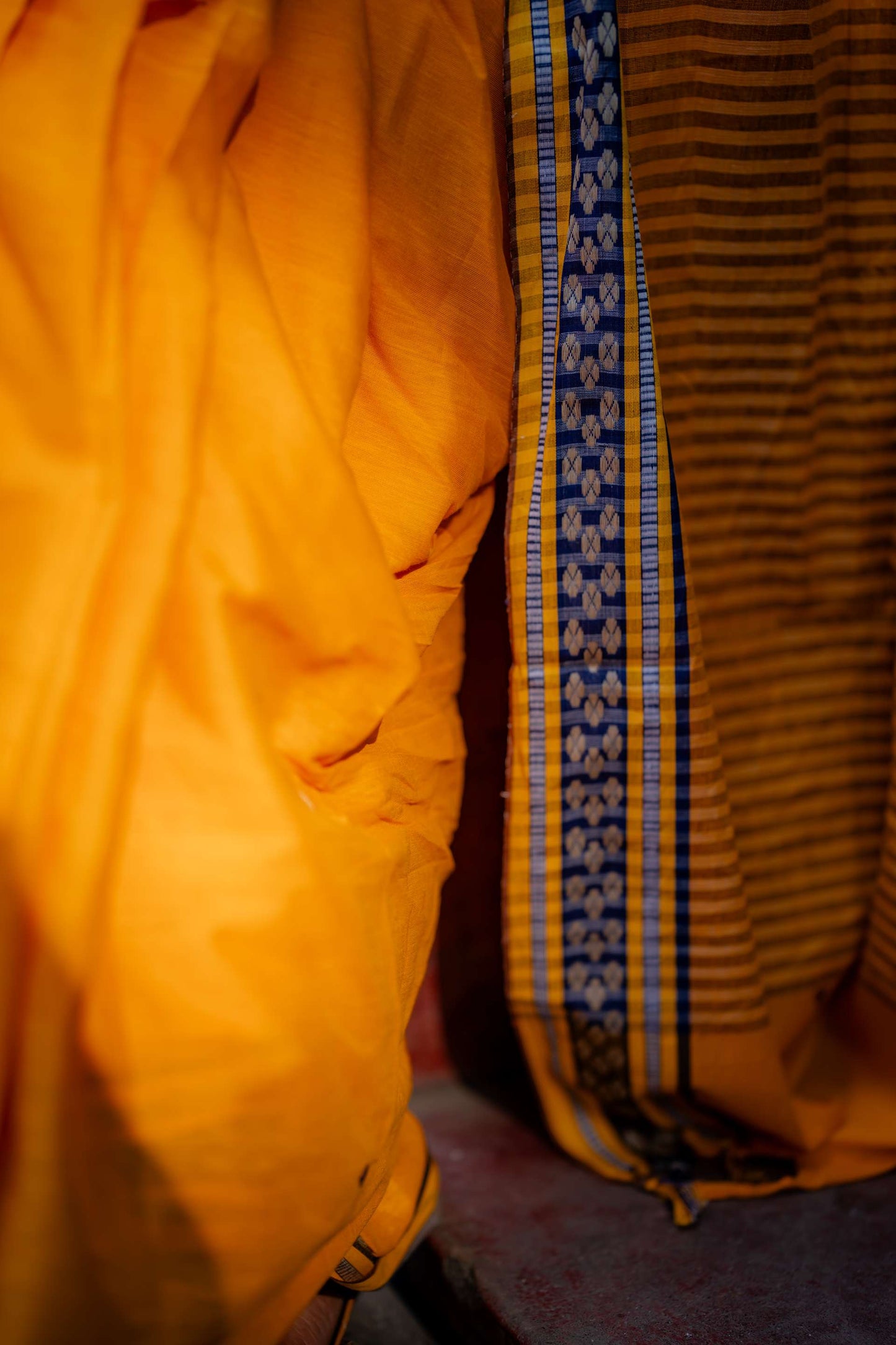 Handwoven Pure Cotton Turmeric Yellow Saree with Blue Border and Buta