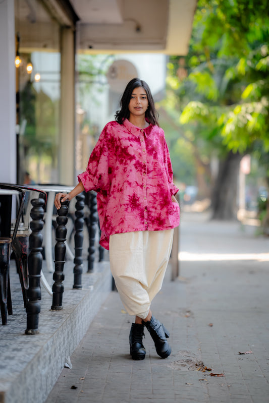 Pure Khadi Oversized Shirt ( Pink Maroon Tie Dye)