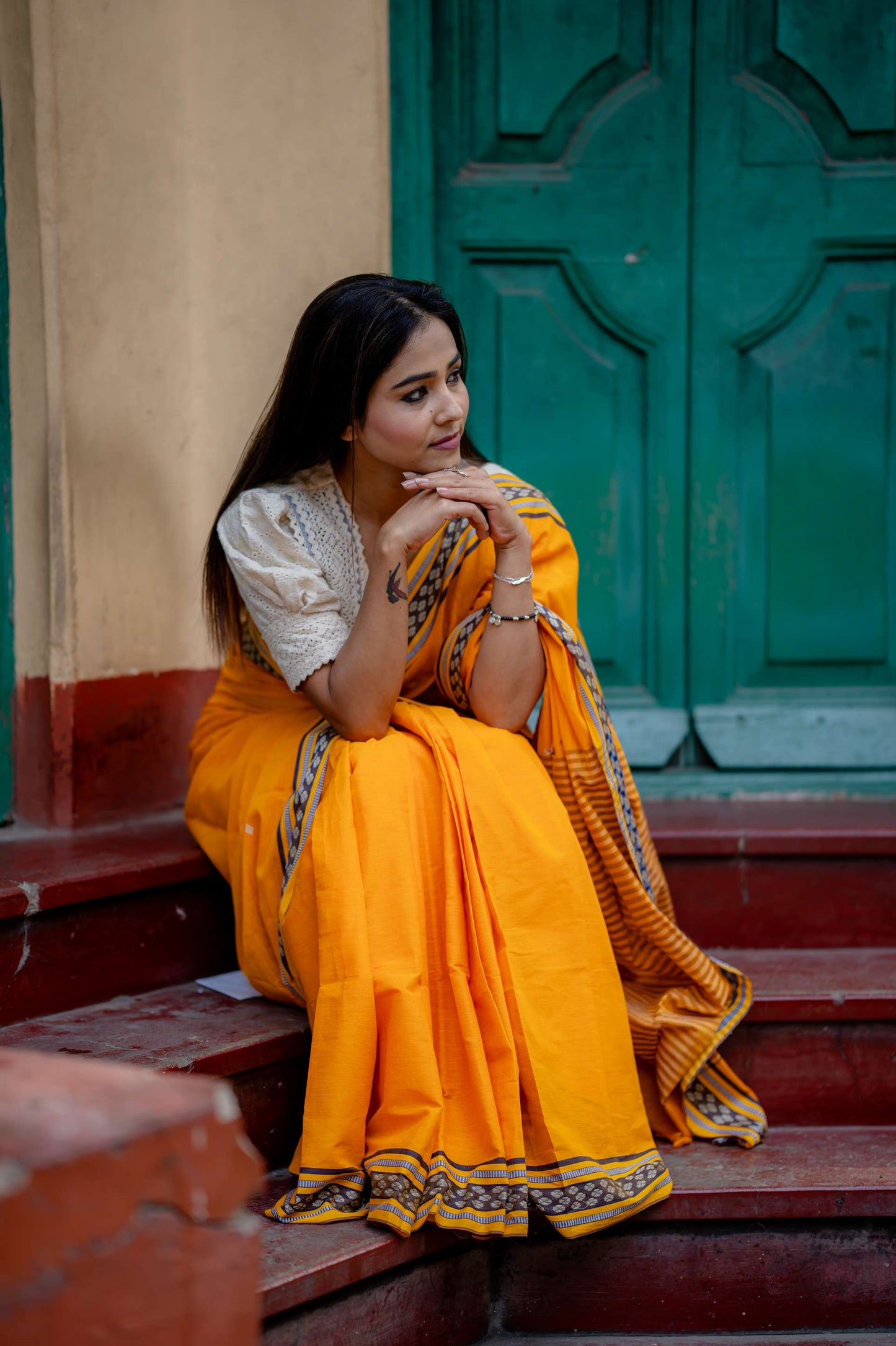 Handwoven Pure Cotton Turmeric Yellow Saree with Blue Border and Buta