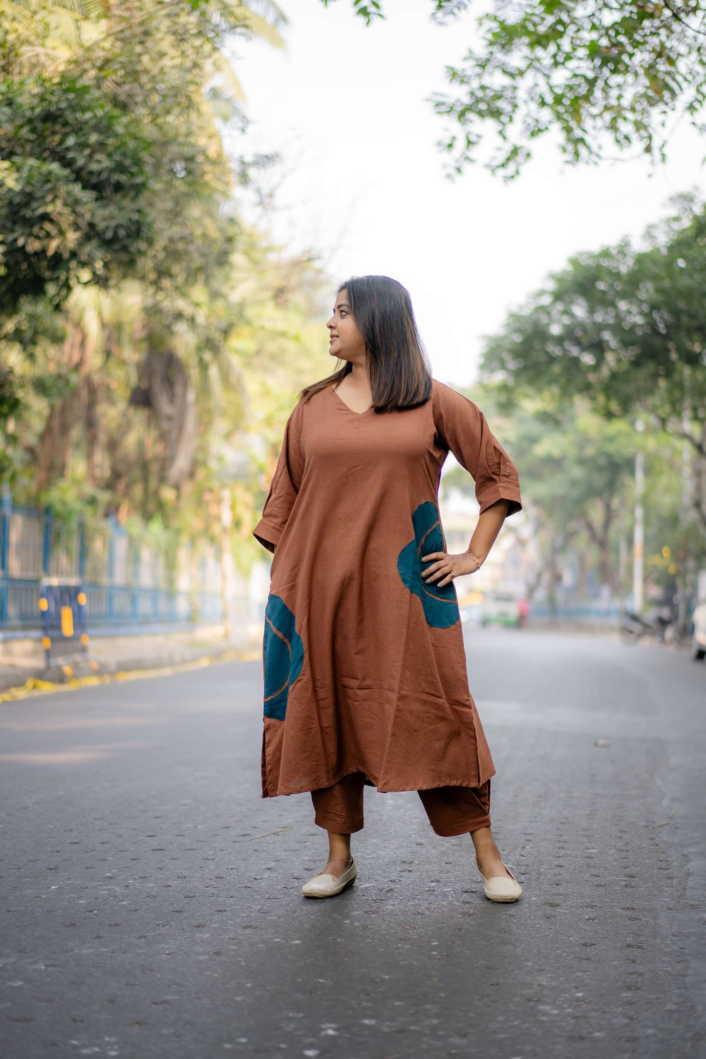 Handwoven Pure Khadi Patch Work Co-ord set Brown ( Loose fit)