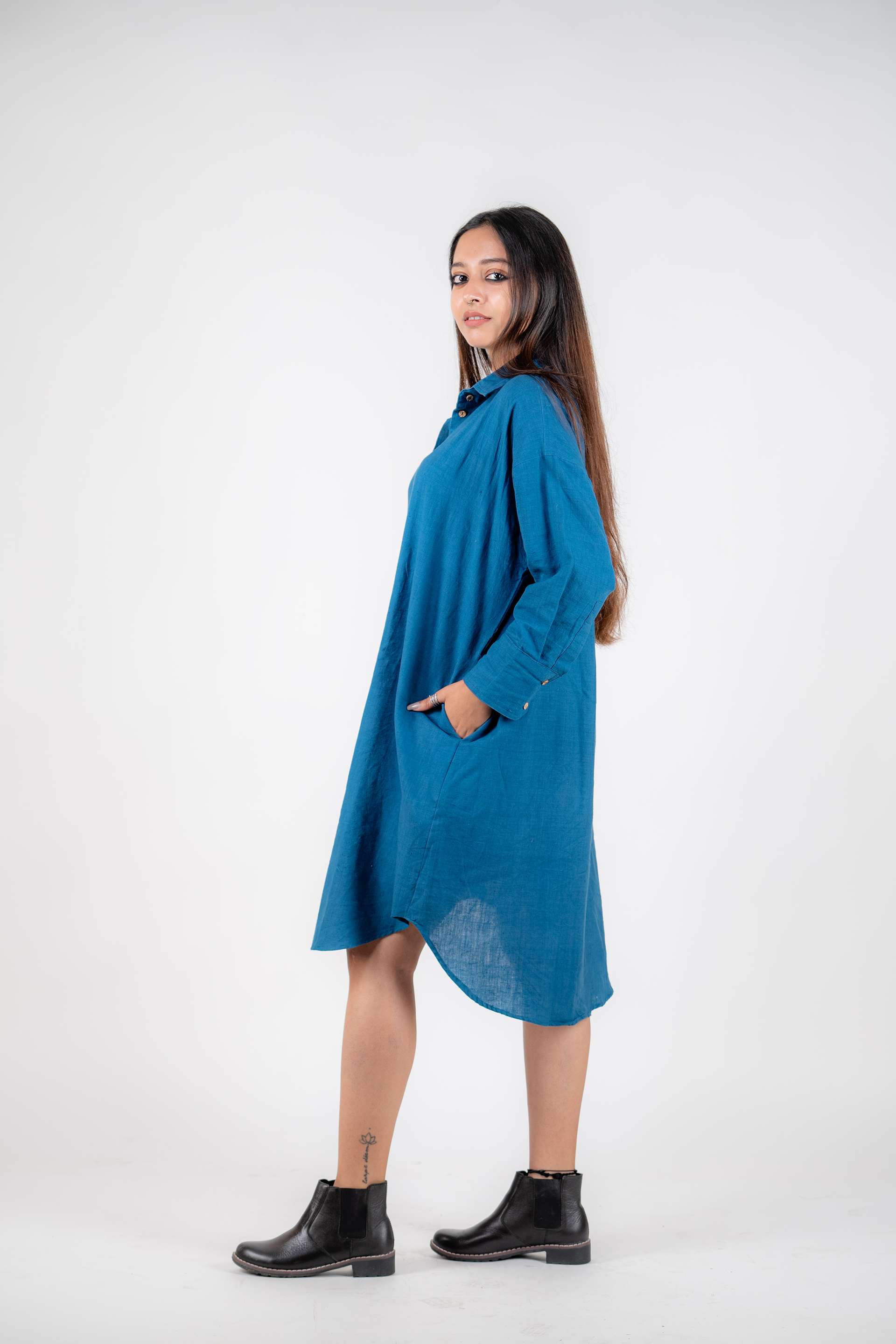 Khadi Anti Fit Shirt Dress ( Blue) Svaha By Alo Khadi Anti Fit Shirt Dress ( Blue) Svaha By Alo