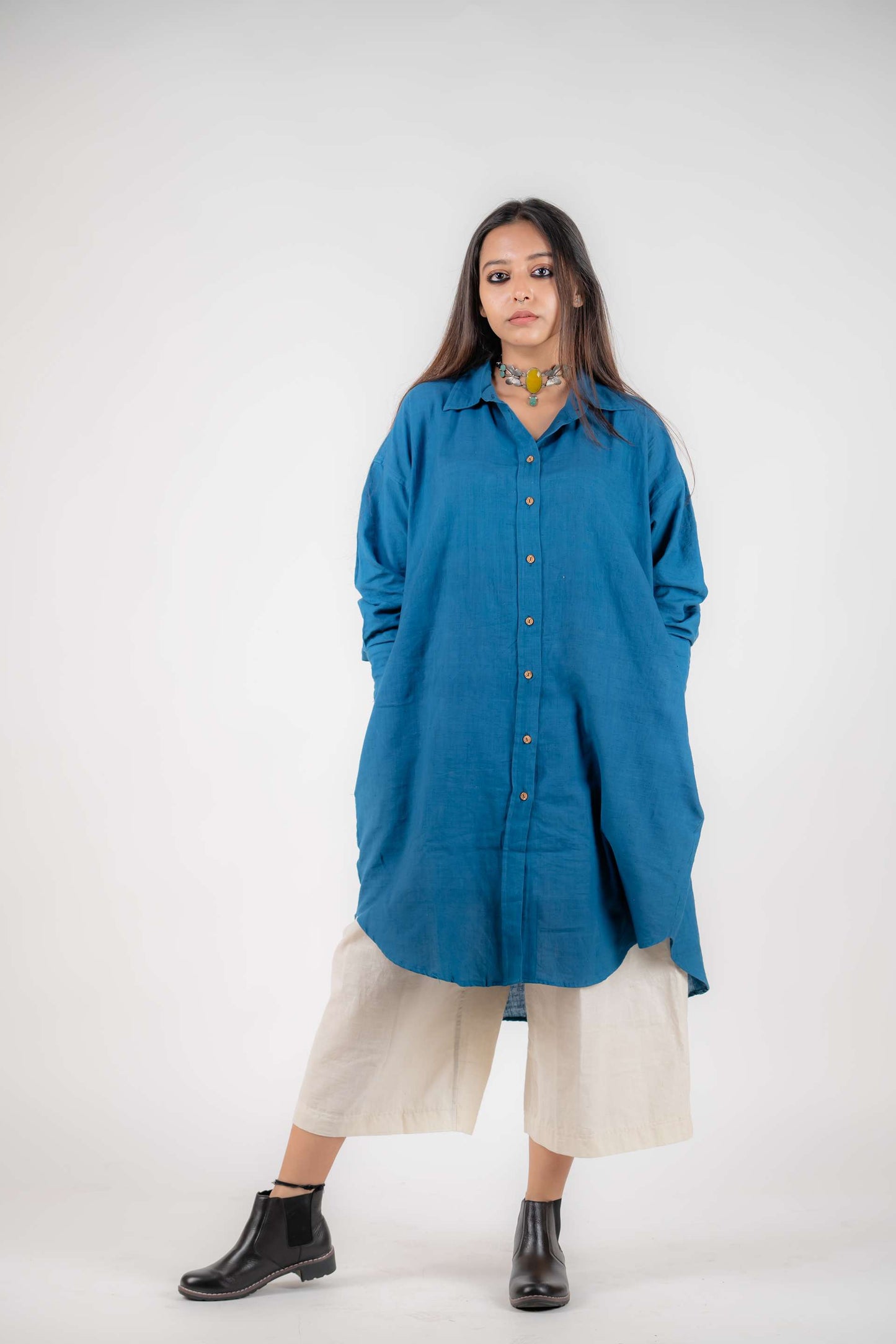 Khadi Anti Fit Shirt Dress ( Blue)