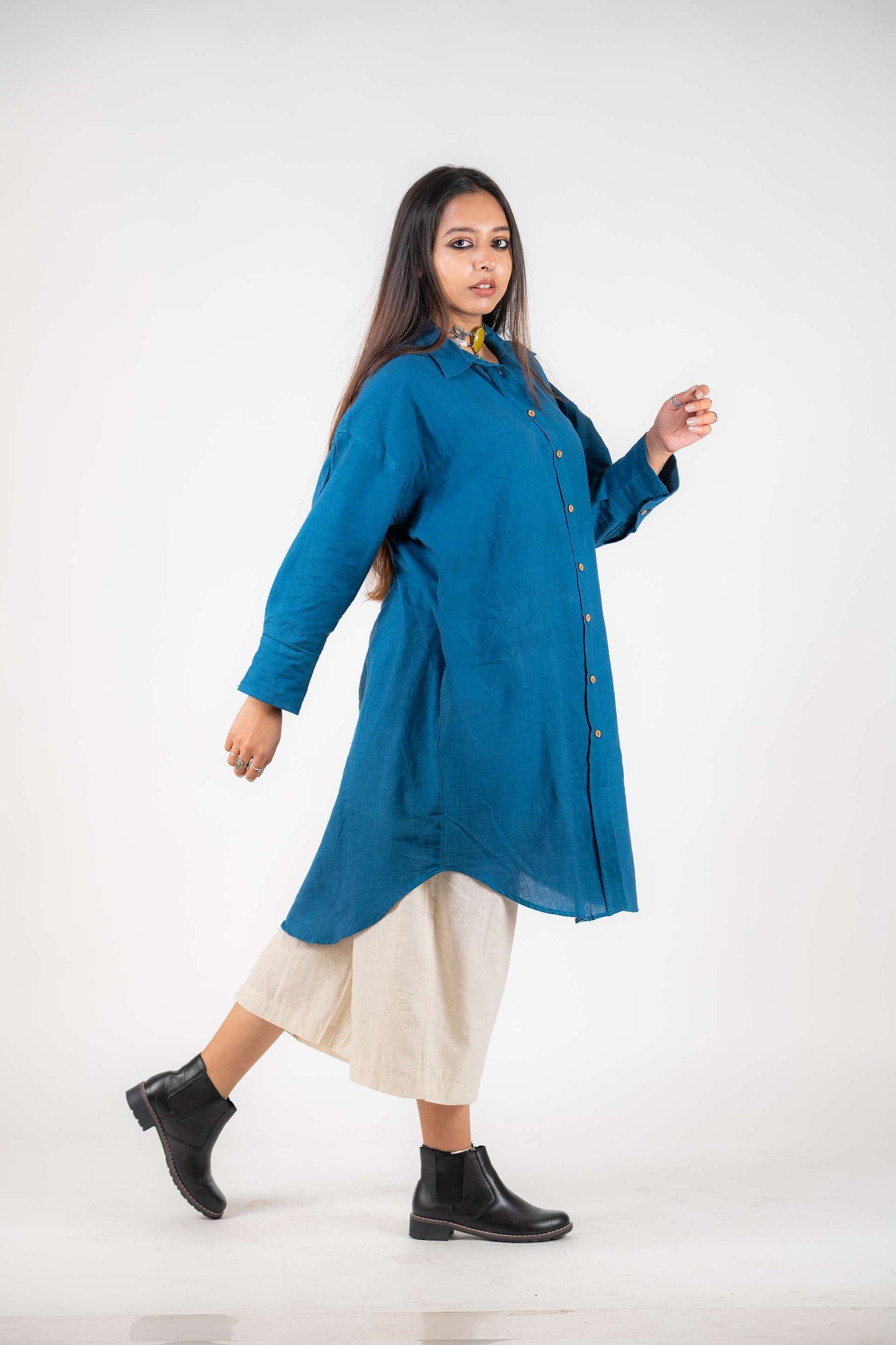 Khadi Anti Fit Shirt Dress ( Blue)