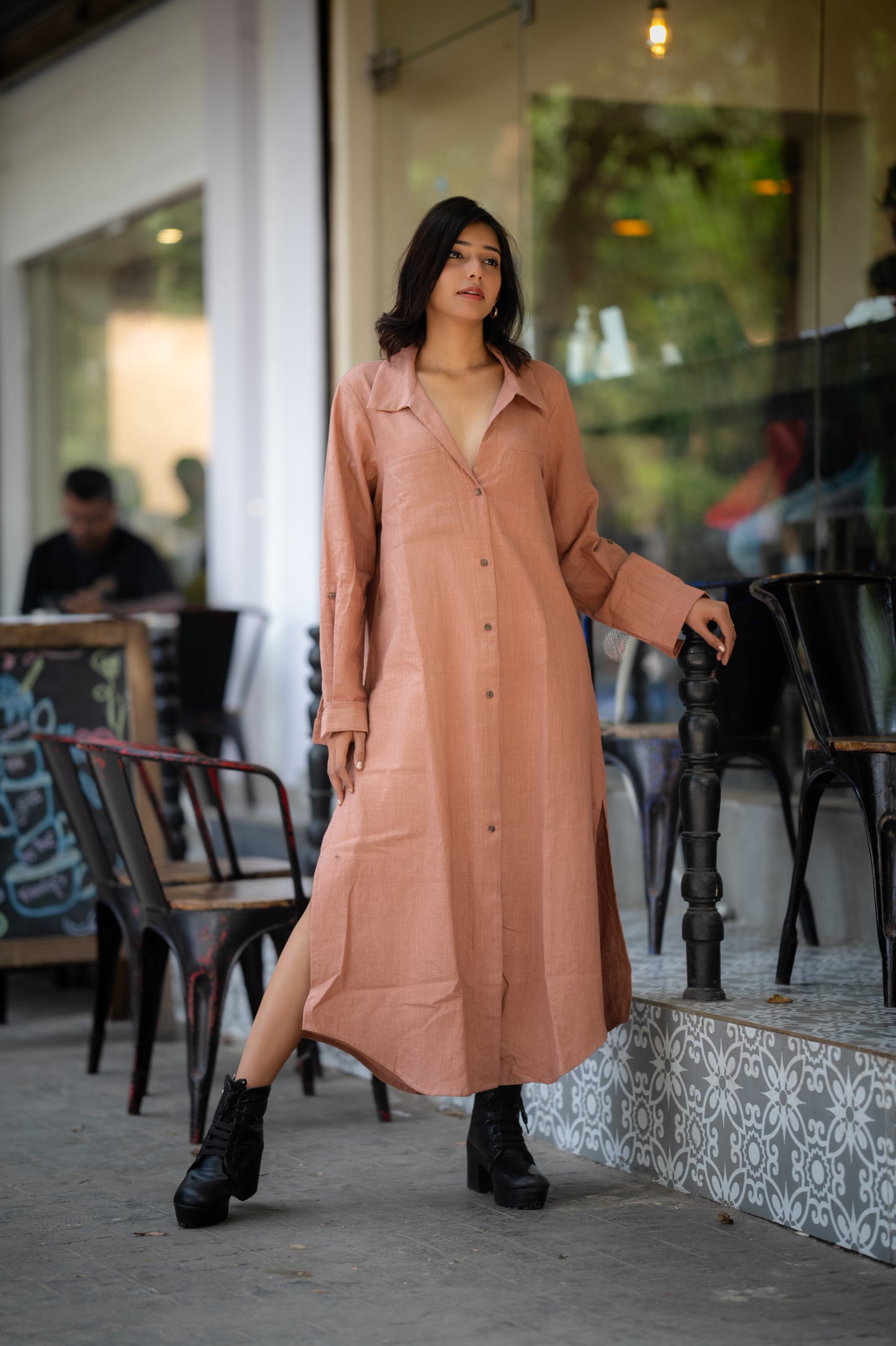 Full Length Khadi Shirt Dress ( Nude Brown Shade)