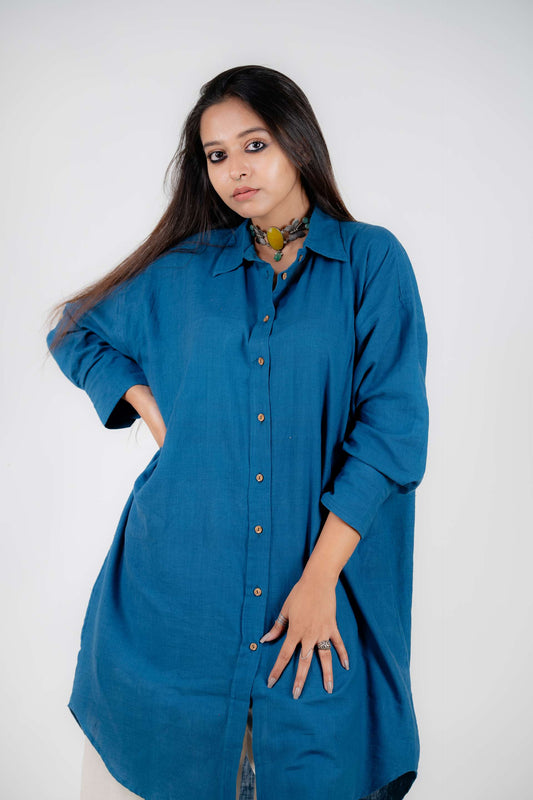 Khadi Anti Fit Shirt Dress ( Blue)