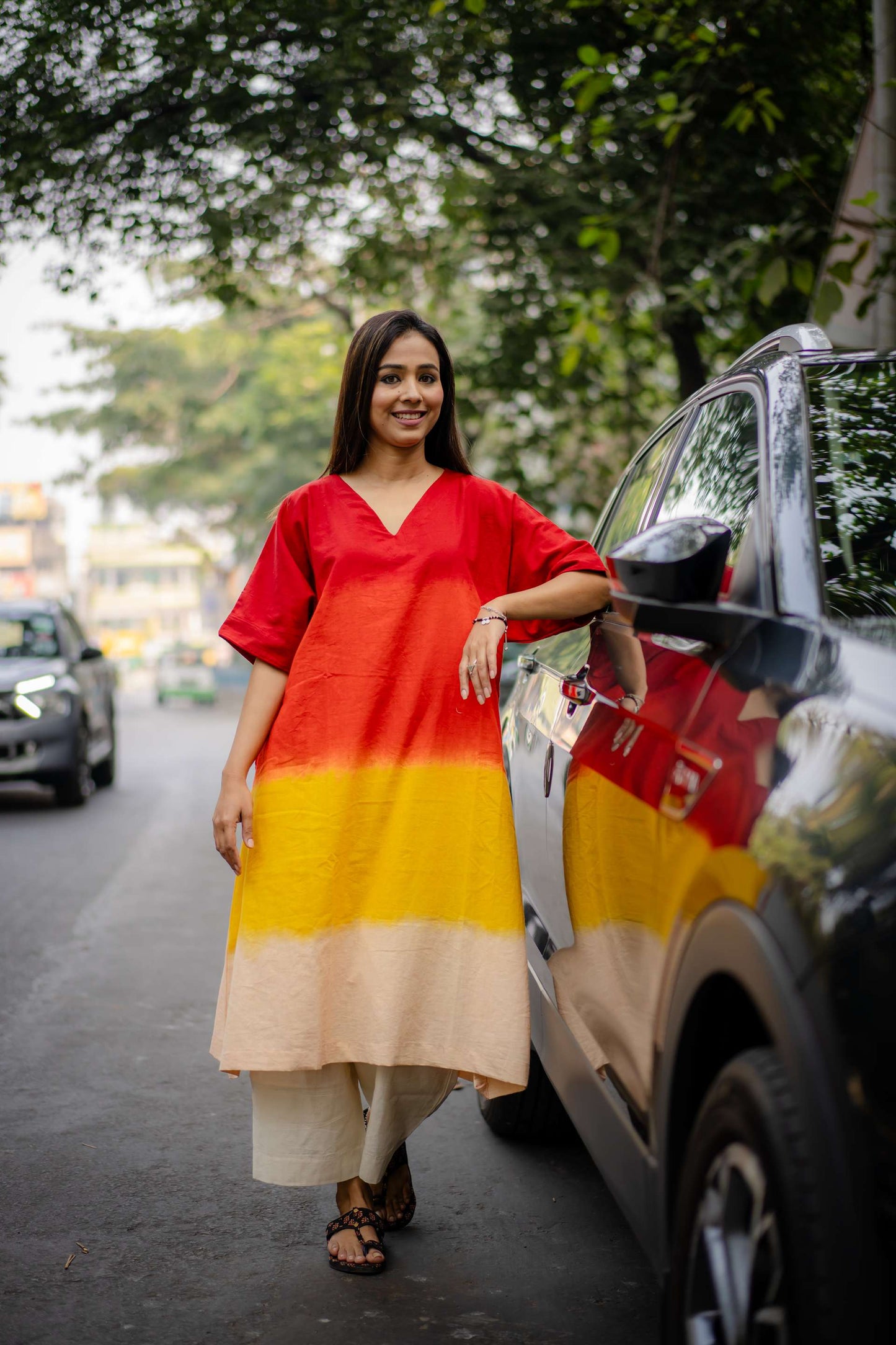 Red Yellow Ombre Handwoven Pure Khadi Kimono Style Kurta with Plain Khadi Culotte