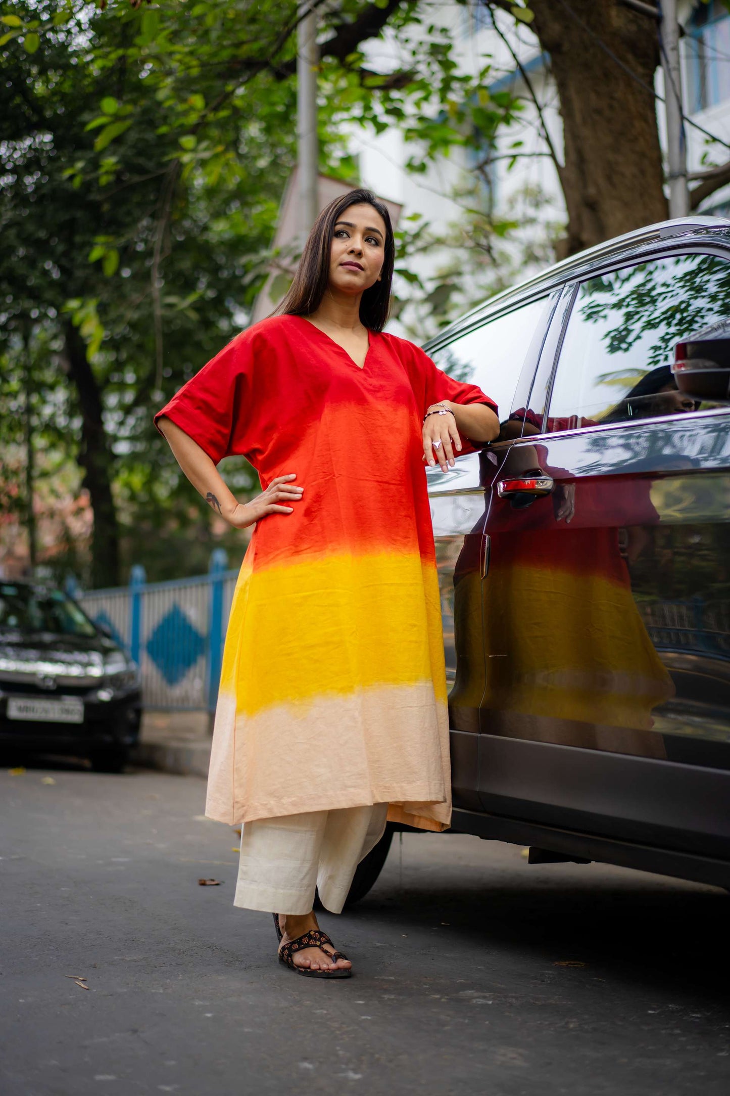 Red Yellow Ombre Handwoven Pure Khadi Kimono Style Kurta with Plain Khadi Culotte