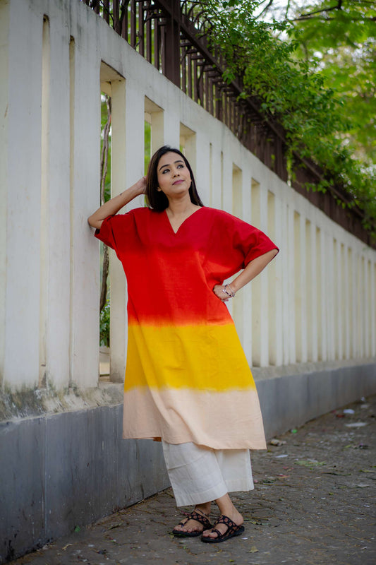 Red Yellow Ombre Handwoven Pure Khadi Kimono Style Kurta with Plain Khadi Culotte