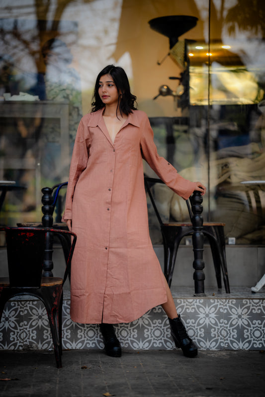 Full Length Khadi Shirt Dress ( Nude Brown Shade)