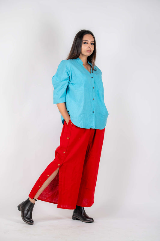 Wide leg side slit pant in khadi (Red)