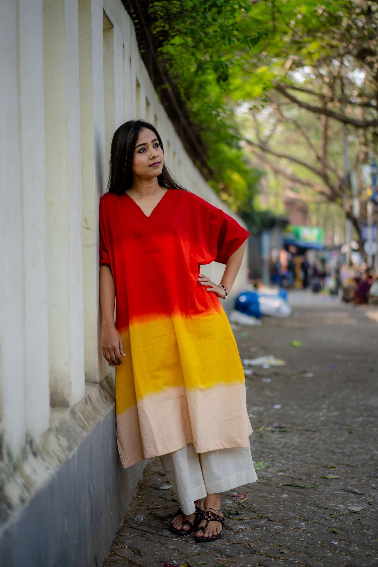 Red Yellow Ombre Handwoven Pure Khadi Kimono Style Kurta with Plain Khadi Culotte