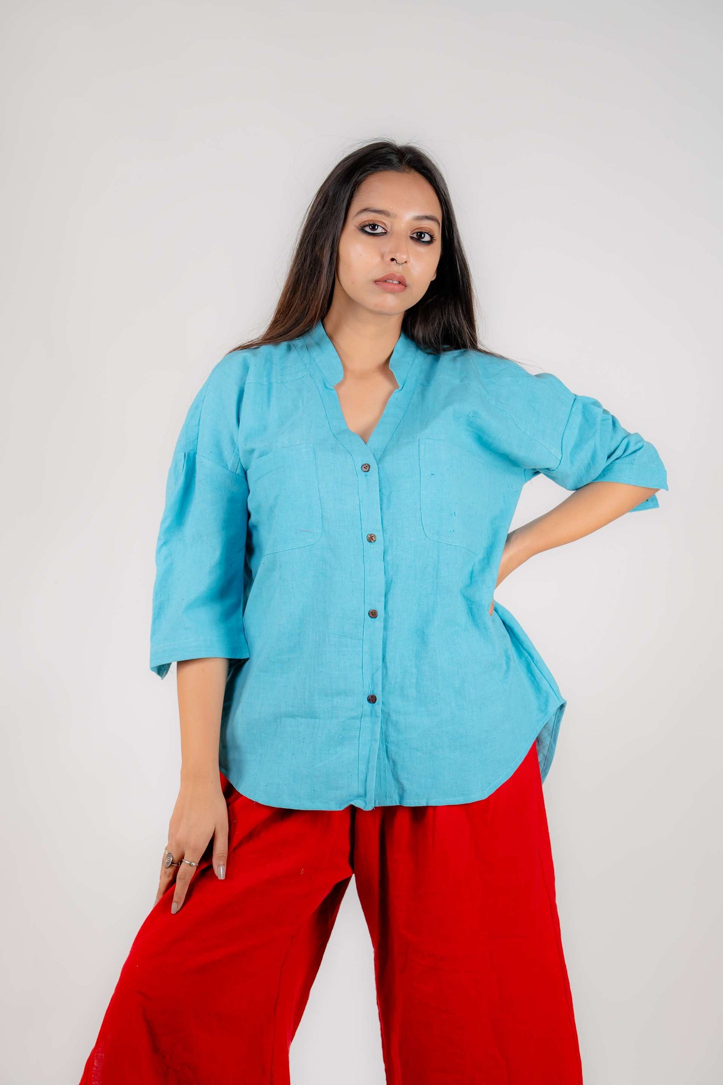 Sky Blue Pure Khadi Anti Fit Shirt Half Mandarin Collar