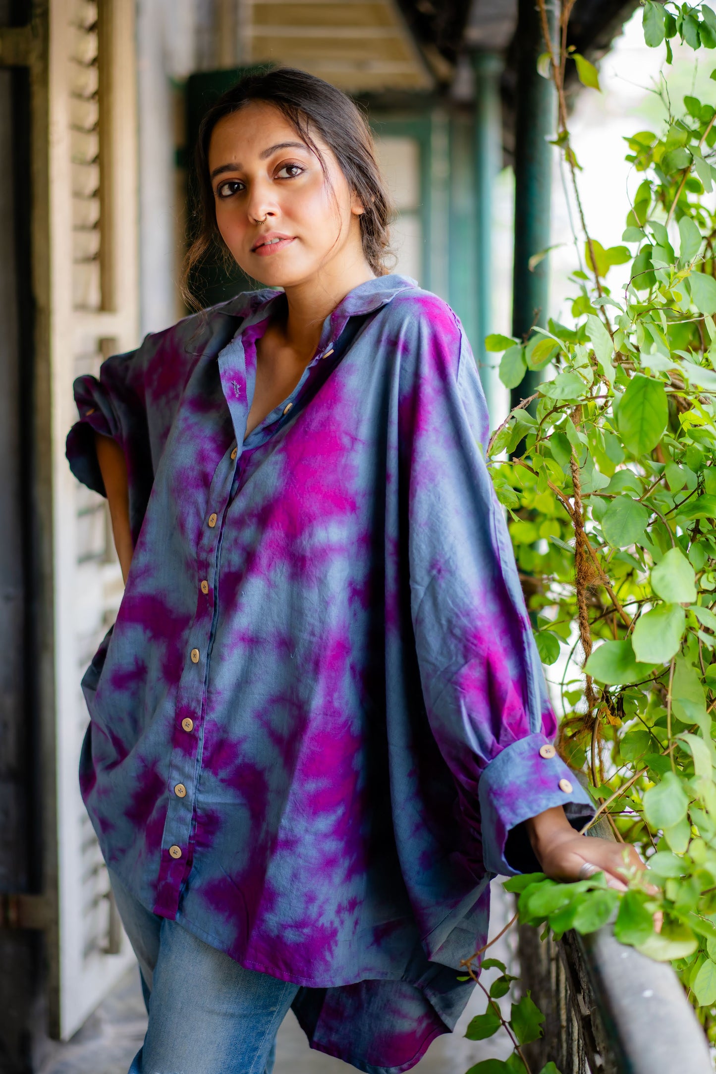 Pure Khadi Oversized Shirt ( Grey Magenta Tie Dye)