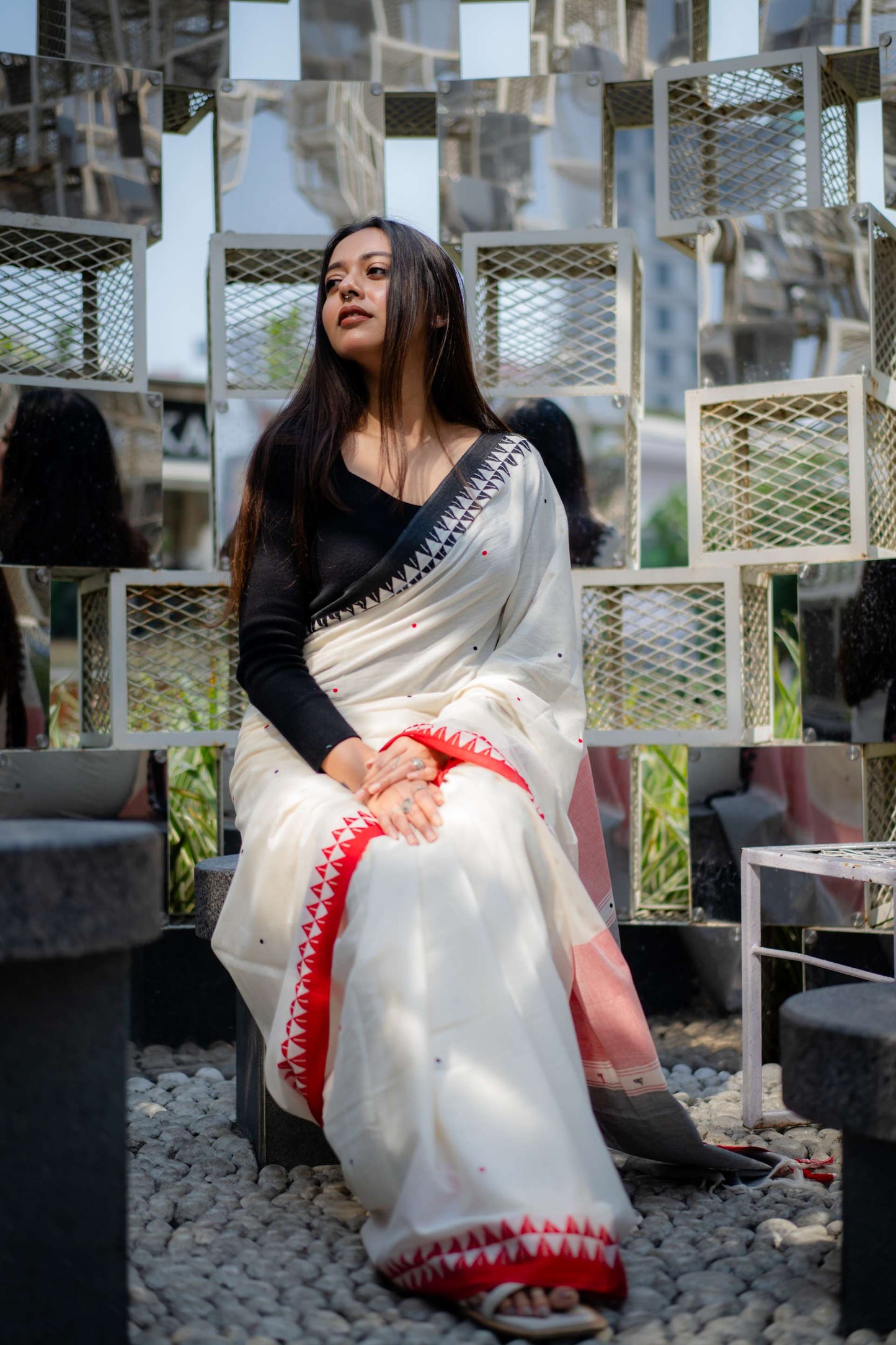 Handwoven Pure Cotton Saree with Ganga Jamuna Border and Butas