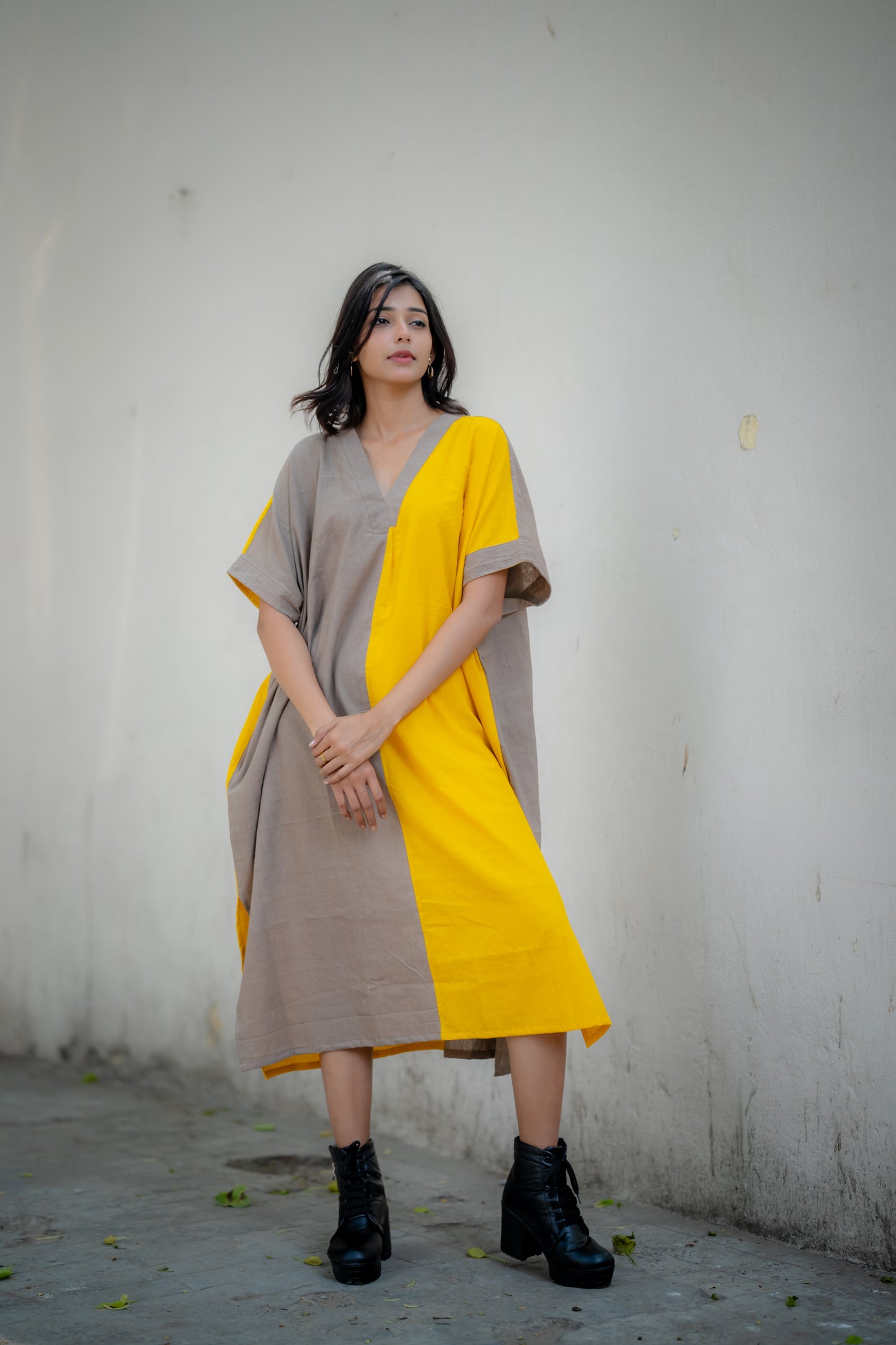 Colour Block Holiday Kaftan One Piece ( Yellow & Oat Meal)