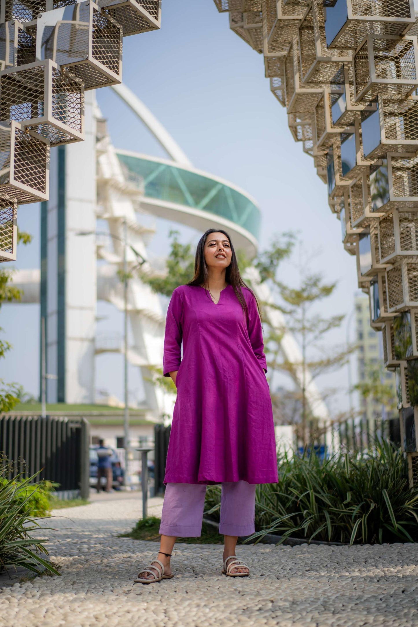 A Line Purple Kurta with Lilac Straight Pant