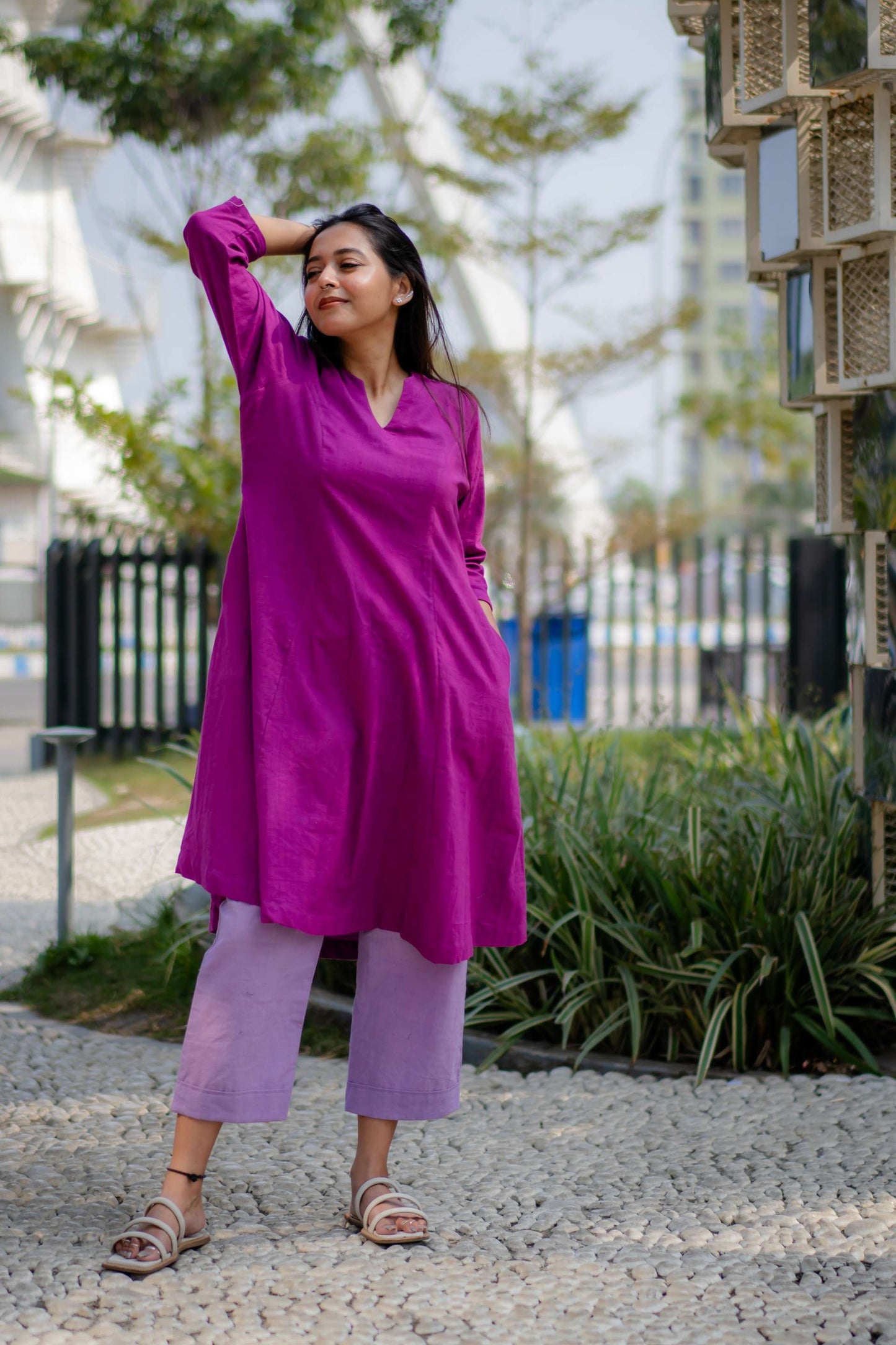 A Line Purple Kurta with Lilac Straight Pant