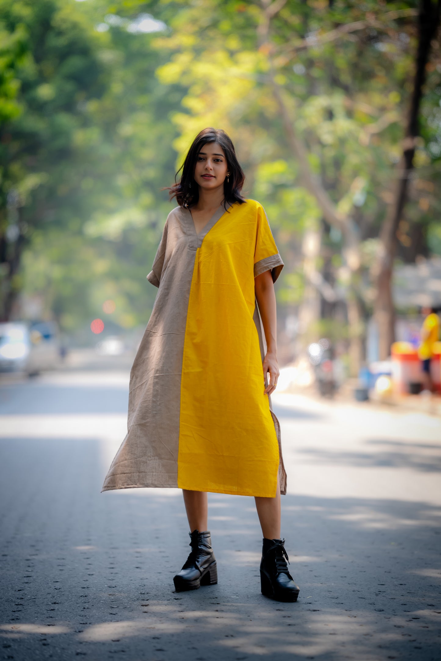 Colour Block Holiday Kaftan One Piece ( Yellow & Oat Meal)