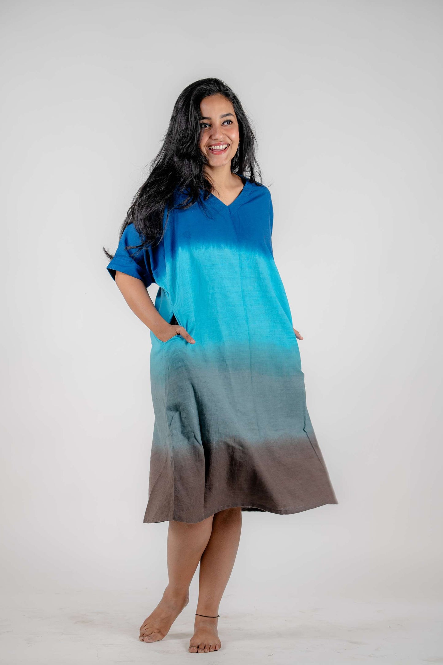 Ombre Hand-dyed Handwoven Khadi Kimono Style Kurta Only ( Aqua Blue Ombre)