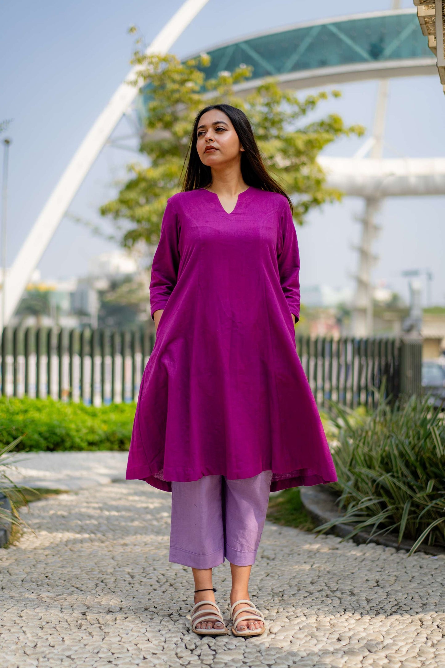 A Line Purple Kurta with Lilac Straight Pant