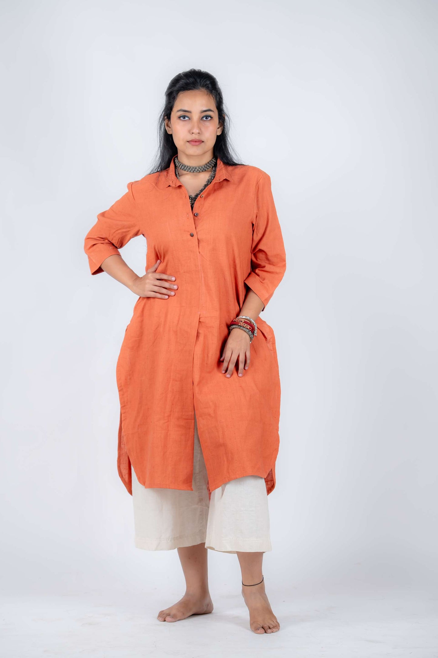 Khadi Collared Kurta ( Peachy Orange)